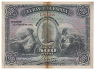 Banco de España
500 Pesetas. 28 enero 1907. Sin serie. ED.316. Reparado con celo en doblez central y picos. Raro. (BC-).