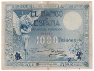 Banco de España
1000 Pesetas. 10 mayo 1907. Sin serie. ED.317. Manchita de tinta y ligeras faltas de papel en margen. Raro. (MBC-).