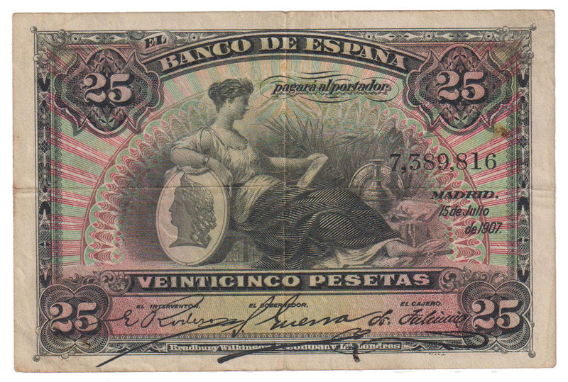 Banco de España
25 Pesetas. 15 julio 1907. Sin serie. ED.318. Doblado en cuatro...