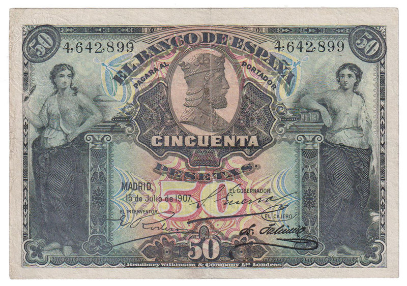 Banco de España
50 Pesetas. 15 julio 1907. Sin serie. Con sello en seco de la R...