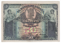 Banco de España
50 Pesetas. 15 julio 1907. Sin serie. Con sello en seco de la República. ED.319 (338). Lavado. Escaso. (MBC).