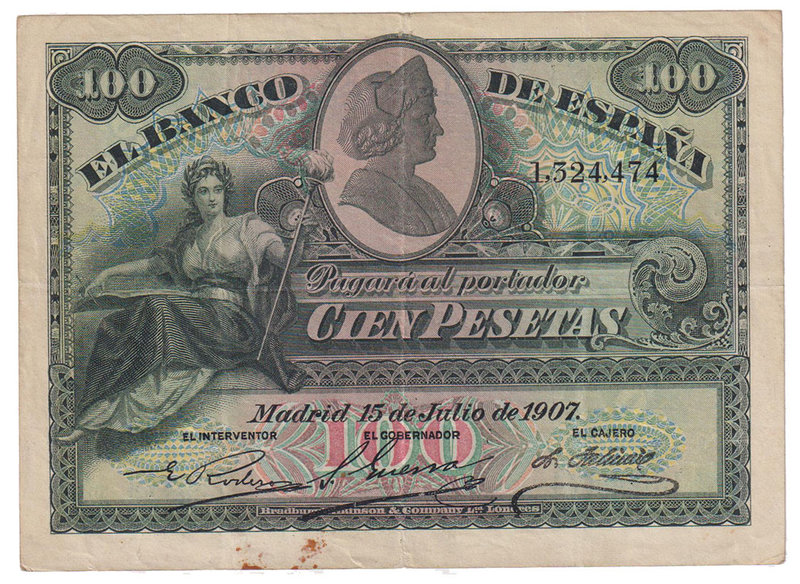 Banco de España
100 Pesetas. 15 julio 1907. Sin serie. ED.320. Alguna manchita....