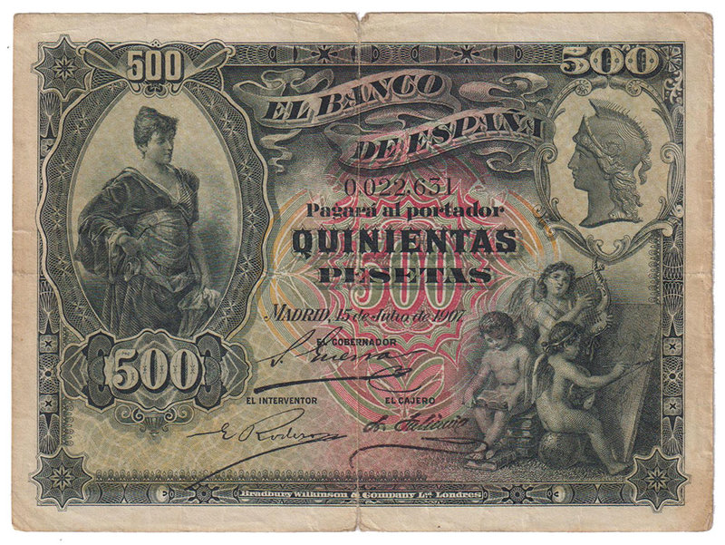 Banco de España
500 Pesetas. 15 julio 1907. Sin serie. ED.321. Ligera rotura en...