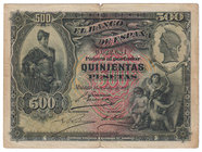 Banco de España
500 Pesetas. 15 julio 1907. Sin serie. ED.321. Ligera rotura en doblez central por estar muy marcado. Escaso. BC.