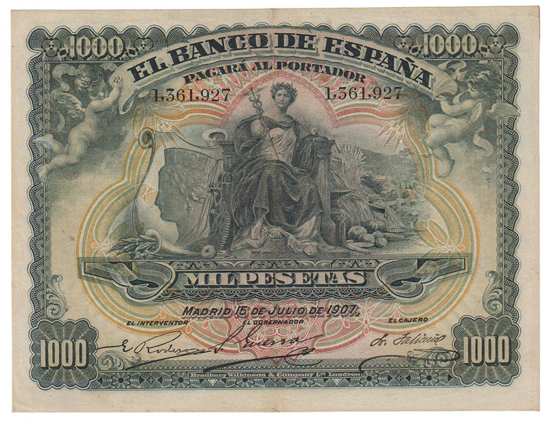 Banco de España
1000 Pesetas. 15 julio 1907. Sin serie. ED.322. Reparado. Muy e...
