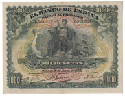 Banco de España
1000 Pesetas. 15 julio 1907. Sin serie. ED.322. Reparado. Muy escaso. (MBC).