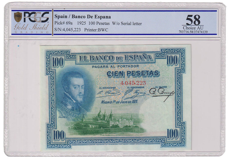 Banco de España
100 Pesetas. 1 julio 1925. Sin serie. ED.323. Certificado por l...
