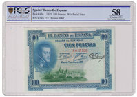 Banco de España
100 Pesetas. 1 julio 1925. Sin serie. ED.323. Certificado por la PCGS como Choice AU 58. Muy escaso así. EBC+.