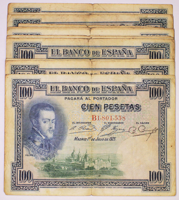Banco de España
100 Pesetas. 1 julio 1925. Serie Series. Lote de 21 billetes. S...