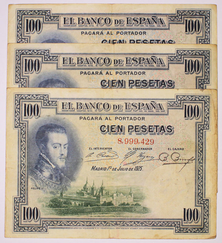 Banco de España
100 Pesetas. 1 julio 1925. Serie Sin serie. Lote de 3 billetes....