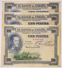 Banco de España
100 Pesetas. 1 julio 1925. Serie Sin serie. Lote de 3 billetes. Uno de ellos con sello en seco (algo difuso) del Gobierno Provisional...