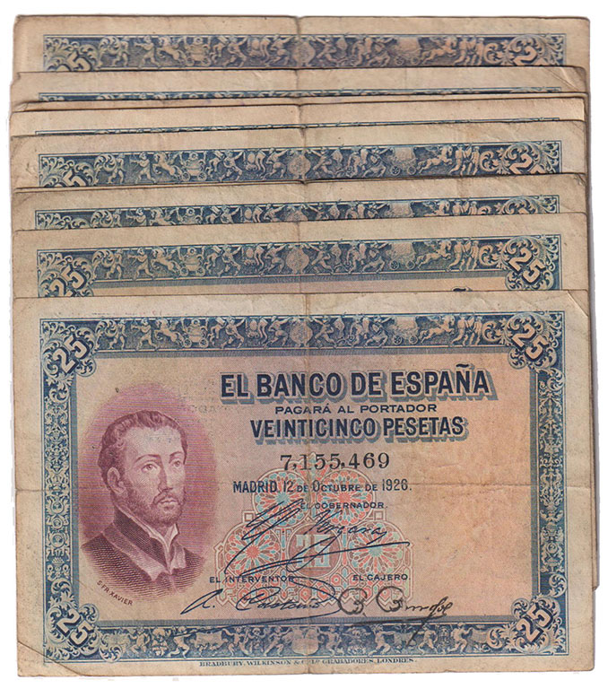 Banco de España
25 Pesetas. 12 octubre 1926. Sin serie. Lote de 13 billetes. ED...