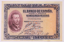 Banco de España
25 Pesetas. 12 octubre 1926. Serie A. Con sello en seco del Gobierno Provisional de la República, 14 Abril 1931, en la parte superior...