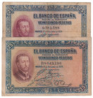 Banco de España
25 Pesetas. 12 octubre 1926. Lote de 2 billetes. Sin serie y serie B. ED.325/a. Algo sucios. BC-.