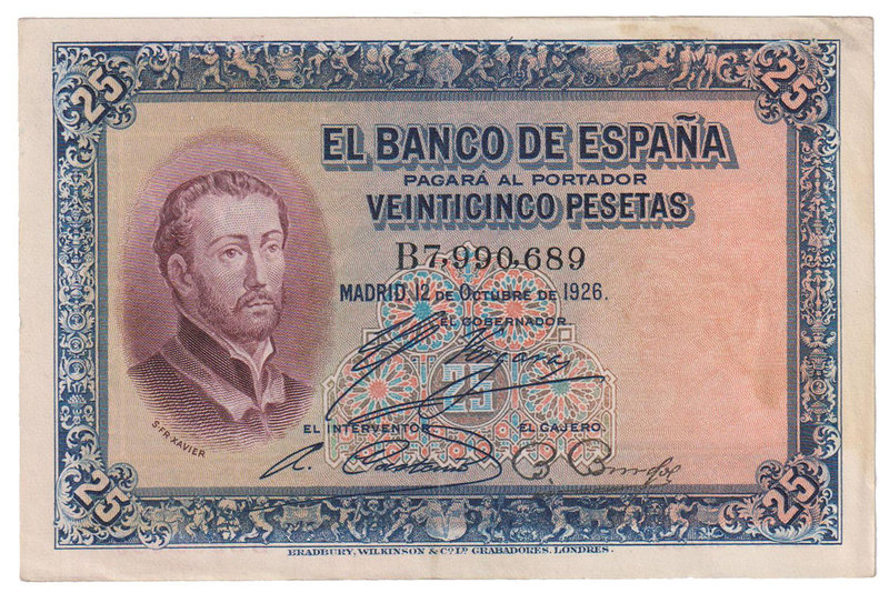 Banco de España
25 Pesetas. 12 octubre 1926. Serie B. ED.325a. Mancha del tiemp...