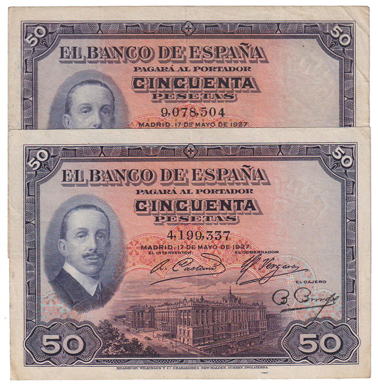 Banco de España
50 Pesetas. 17 mayo 1927. Sin serie. Lote de 2 billetes. ED.326...