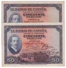 Banco de España
50 Pesetas. 17 mayo 1927. Sin serie. Lote de 2 billetes. ED.326. MBC a MBC-.