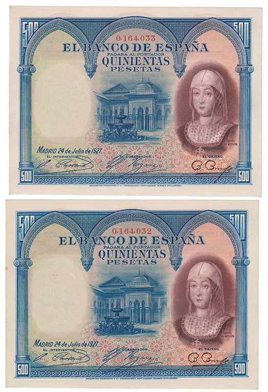 Banco de España
500 Pesetas. 24 julio 1927. Sin serie. Pareja correlativa. Nume...