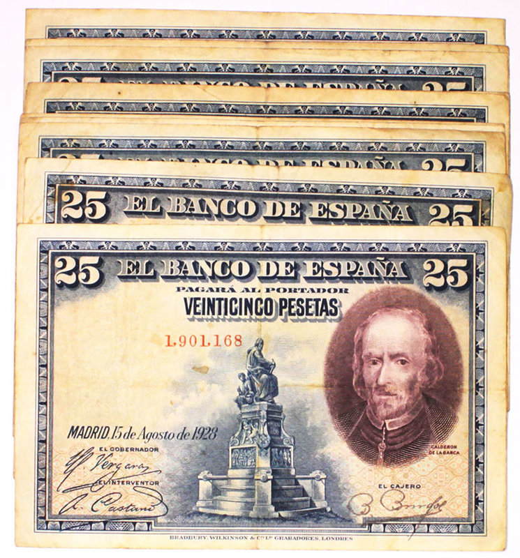 Banco de España
25 Pesetas. 15 agosto 1928. Serie Sin serie. Lote de 11 billete...