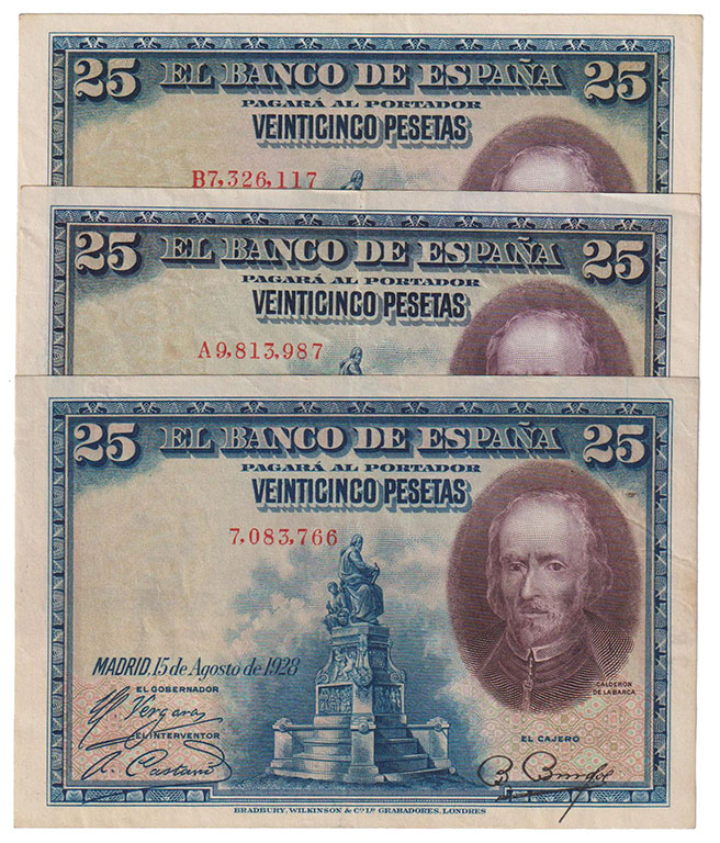 Banco de España
25 Pesetas. 15 agosto 1928. Lote de 3 billetes. Sin serie, seri...