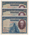Banco de España
25 Pesetas. 15 agosto 1928. Lote de 3 billetes. Sin serie, serie A y B. ED.328 (353). MBC.