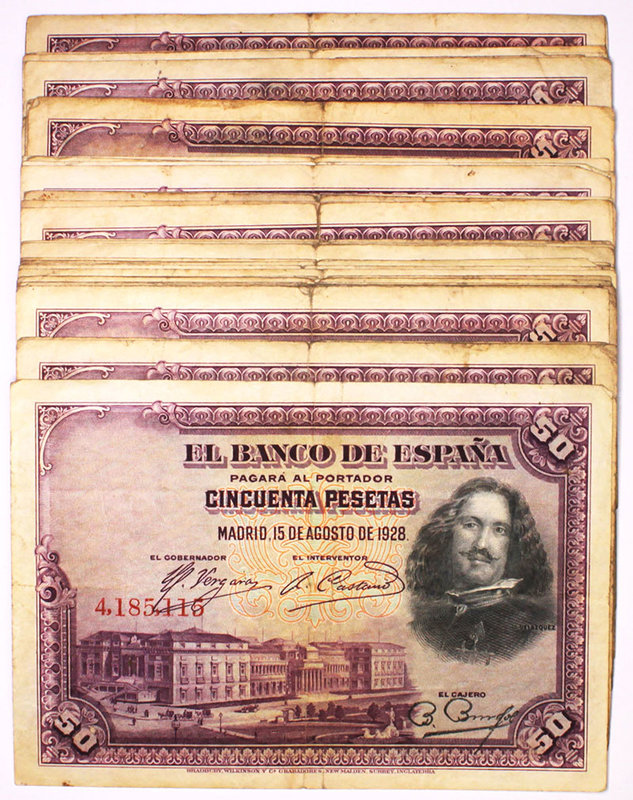 Banco de España
50 Pesetas. 15 agosto 1928. Serie Sin serie. Lote de 49 billete...