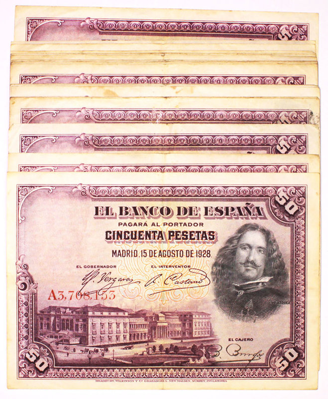 Banco de España
50 Pesetas. 15 agosto 1928. Serie Serie A. Lote de 25 billetes....