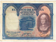 Guerra Civil-Zona Republicana, Banco de España
500 Pesetas. 24 julio 1927. Sin serie. Numeración posterior al 1.602.000. ED.352. MBC+.
