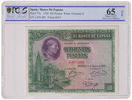 Guerra Civil-Zona Republicana, Banco de España
500 Pesetas. 15 agosto 1928. Sin serie. ED.356. Certificado por la PCGS como Gem UNC 65 OPQ. Muy escas...