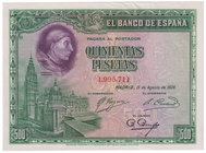 Guerra Civil-Zona Republicana, Banco de España
500 Pesetas. 15 agosto 1928. Sin serie. ED.356. Ligeras arrugas en margen superior. SC-.