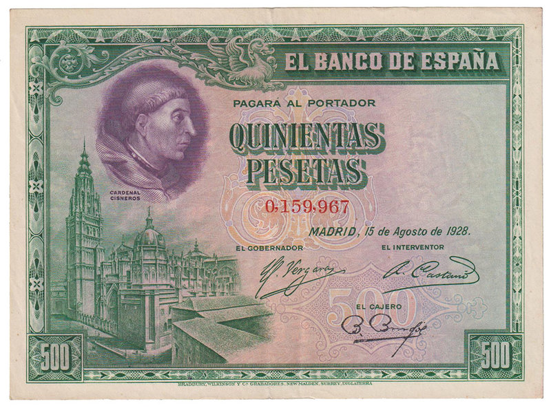 Guerra Civil-Zona Republicana, Banco de España
500 Pesetas. 15 agosto 1928. Sin...