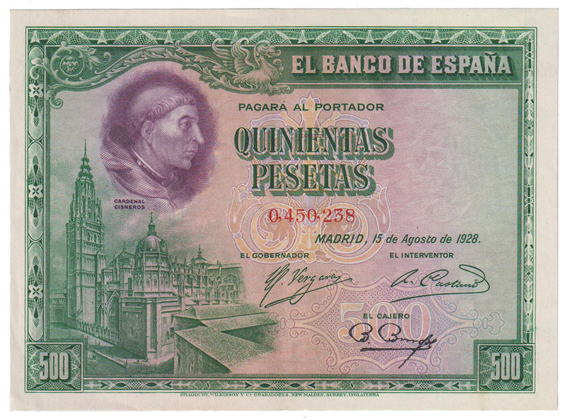 Guerra Civil-Zona Republicana, Banco de España
500 Pesetas. 15 agosto 1928. Sin...