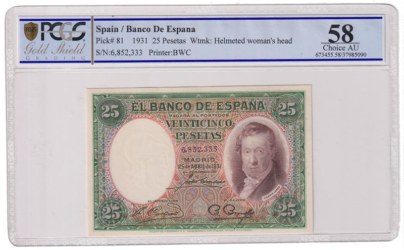 Guerra Civil-Zona Republicana, Banco de España
25 Pesetas. 25 abril 1931. Sin s...