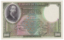 Guerra Civil-Zona Republicana, Banco de España
1000 Pesetas. 25 abril 1931. Sin serie. José Zorrilla. ED.362. Gran ejemplar. Raro. SC.