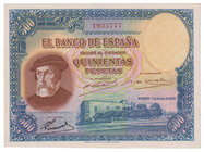 Guerra Civil-Zona Republicana, Banco de España
500 Pesetas. 7 enero 1935. Sin serie. Hernán Cortés. ED.365. Gran ejemplar. Raro. SC.