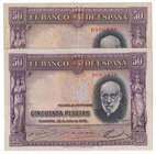 Guerra Civil-Zona Republicana, Banco de España
50 Pesetas. 22 julio 1935. Sin serie. Lote de 2 billetes. ED.366. EBC- a MBC.