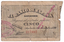 Guerra Civil-Zona Republicana, Banco de España
Banco de España, Santander
5 Pesetas. 1 noviembre 1936. Sin serie. ED.375g. Escaso. RC.