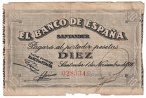 Guerra Civil-Zona Republicana, Banco de España
Banco de España, Santander
10 Pesetas. 1 noviembre 1936. Sin serie. ED.376f. Escaso. BC+.