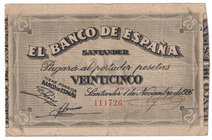 Guerra Civil-Zona Republicana, Banco de España
Banco de España, Santander
25 Pesetas. 1 noviembre 1936. Sin serie. ED.377h. Escaso así. MBC-.