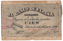 Guerra Civil-Zona Republicana, Banco de España
Banco de España, Santander
100 Pesetas. 1 noviembre 1936. Sin serie. ED.378g. BC-.