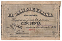 Guerra Civil-Zona Republicana, Banco de España
Banco de España, Santander
50 Pesetas. 1 noviembre 1936. Sin serie. ED.378h. Escaso así. MBC-.