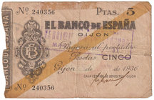 Guerra Civil-Zona Republicana, Banco de España
Banco de España, Gijón
5 Pesetas. 5 noviembre 1936. Sin serie. ED.380. RC.