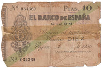 Guerra Civil-Zona Republicana, Banco de España
Banco de España, Gijón
10 Pesetas. 5 noviembre 1936. Sin serie. ED.381. Reparado con celo. RC.