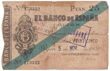 Guerra Civil-Zona Republicana, Banco de España
Banco de España, Gijón
25 Pesetas. 5 noviembre 1936. Sin serie. ED.382. BC-.