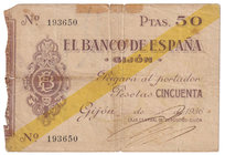 Guerra Civil-Zona Republicana, Banco de España
Banco de España, Gijón
50 Pesetas. 5 noviembre 1936. Sin serie. ED.383. BC-.