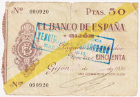 Guerra Civil-Zona Republicana, Banco de España
Banco de España, Gijón
50 Pesetas. 5 noviembre 1936. Sin serie. Con tampón azul en el centro. ED.383....