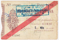 Guerra Civil-Zona Republicana, Banco de España
Banco de España, Gijón
100 Pesetas. 5 noviembre 1936. Sin serie. Con tampón azul en el centro. ED.384...