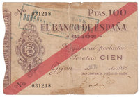 Guerra Civil-Zona Republicana, Banco de España
Banco de España, Gijón
100 Pesetas. 5 noviembre 1936. Sin serie. ED.384. BC-.