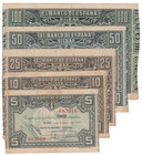 Guerra Civil-Zona Republicana, Banco de España
Banco de España, Bilbao
1 enero 1937. Sin serie. Lote de 5 billetes. 5, 19, 25, 50 y 100 Pesetas. Ant...