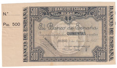 Guerra Civil-Zona Republicana, Banco de España
Banco de España, Bilbao
500 Pesetas. 1 enero 1937. Sin serie. Con matriz izq. ED.NE26h. Márgenes mal ...